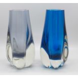 A pair of 1970s Whitefriars lobed vases in blue and lilac, designed by Geoffrey Baxter, pattern