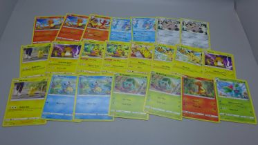 22 Pokemon cards, Pikachu, Charmander, Charmeleon, etc.