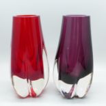 A pair of 1970s Whitefriars lobed vases in aubergine and ruby red, designed by Geoffrey Baxter,