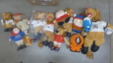 A collection of soft toys; South Park, Roland Rat, Womble, etc.