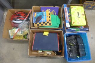 Five boxes of mixed Children's toys, including Matchbox and Hot Wheels die cast model vehicles,