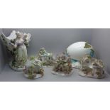 A German porcelain figural spill holder and egg ornament, both a/f and four 19th Century English