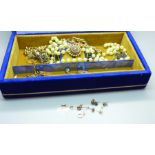 A box of costume jewellery including 3.5g of 9ct gold