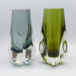 A pair of 1970s Whitefriars lobed vases in sage green and indigo, designed by Geoffrey Baxter,