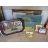 Assorted prints, paintings and an oak framed mirror