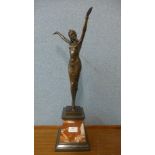 An Art Deco style bronze figure of a female dancer ,on rouge marble socle
