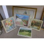 L. Davis, two Nottingham landscapes, oil on board, another oil, a Gordon King print and a floral