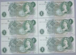 Six uncirculated £1 notes, JB Page cashier (two lots of three consecutive notes)