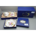 A Royal Crown Derby Derby Posies pin dish and cream jug and sugar bowl, all boxed