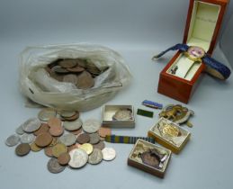 British and foreign coins, two silver and other dancing medals and badges, a Leicestershire Regiment