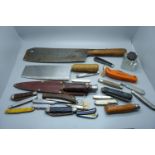 A collection of penknives, other knives and a silver topped glass inkwell, (glass a/f)