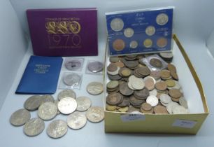 A 1970 GB and NI coin set, one other coin set, First Decimal Coins, commemorative crowns, other