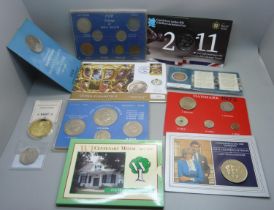 A collection of coins including Queen Elizabeth 80th Birthday cover, 2011 £5 Brilliant