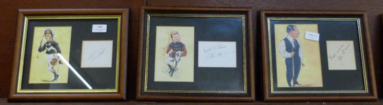 Three framed and mounted caricatures and signatures - Joe Davis, Lester Piggott and Willie Carson