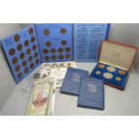 A collection of coins including Great Britain half pennies set, Jersey 1066-1966, 1994, UK £2