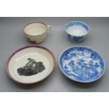 An oriental blue and white tea bowl and saucer (a/f, cracked), with temple scene and a Regency