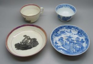 An oriental blue and white tea bowl and saucer (a/f, cracked), with temple scene and a Regency