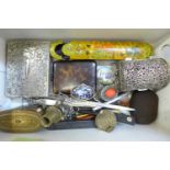 A silver plated box containing cuff links, studs, plus letter openers and trinket pots, etc.