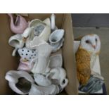 A box of ceramic swan figures, vases and a Leonardo owl **PLEASE NOTE THIS LOT IS NOT ELIGIBLE FOR
