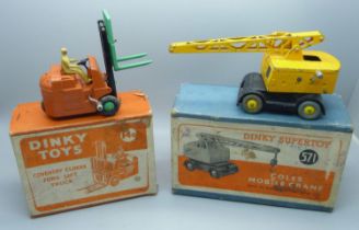 A Dinky Toys no.14C Coventry Climax Fork Lift Truck and Dinky Supertoys no.571 Coles Mobile Crane