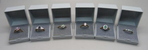 Six hallmarked silver gilt rings, sizes P and Q