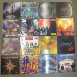 A collection of sixteen metal LP records, Slayer, Megadeth, Dawn Angel, Kreator, Nuclear Assault,