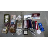 A box of compacts, lipstick holder, perfume, trinket pots, lighters and pens including Sheaffer