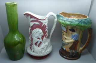 A Victorian pitcher with registration lozenge to base, impressed mark Gibbs & Son, a green Bretby