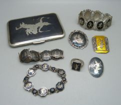 A collection of Siam silver and niello jewellery and a cigarette case, total weight 253g, one