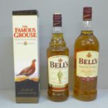 Three bottles of whisky; The Famous Grouse and two Bell's