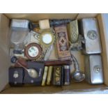 Assorted items including two glass trinket boxes with cat detail to the lids, lipsticks, spoons,
