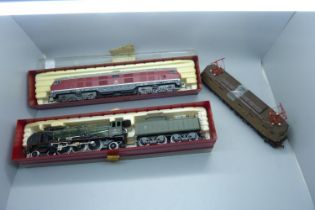Three OO gauge locomotives, two in cases, Rivarossi 1341 and 1996 and one loose, a/f (bogie loose)