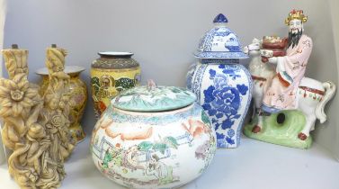 Chinese ceramics and two resin figures, includes a large lidded pot decorated with Chinese figures