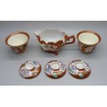 A pair of rare oriental Koutani Meiji period rice wine cups, three saucer lids/bases with iron red