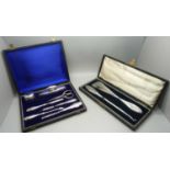 A silver handled shoehorn and hook set and silver mounted manicures, (matched tweezers and scissors)