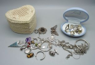 A collection of silver jewellery, silver mounted and other jewellery, (belcher chain requires