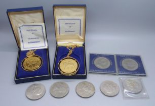 Seven commemorative crowns and two 22ct gold plated 1977 crowns with chains