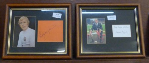 Two framed and mounted photographs and signatures - Matt Busby and Bobby Moore