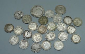 A collection of silver coins, 40g in total including 35g of pre 1920, mainly 3d, some Victorian