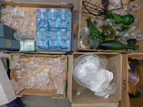 Five boxes of mixed glass including green stem wines, green glass decanter, etc. **PLEASE NOTE