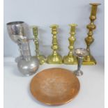 A Haugrud Norway pewter jug, a Walker & Hall plated goblet, four candlesticks, etc.