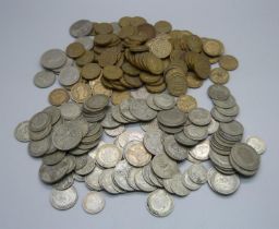 A collection of 1920 to 1946 silver coinage, 636g, also a collection of 3d coins and other coins