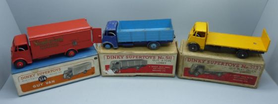 A Dinky Supertoys no.504 Guy Van, a Dinky Supertoys no.513 Guy Flat Truck, and no.511 Guy 4-Tonne