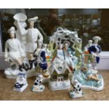 Staffordshire flat back figures, including Robin Hood and a pair, and five other Staffordshire