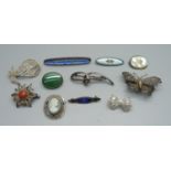Silver and white metal brooches including enamelled and filigree, enamel on one a/f