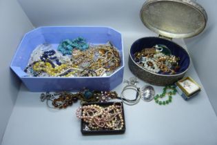 A metal jewellery casket and a collection of costume jewellery