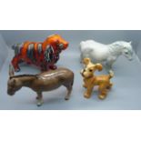 Three Beswick figures including a donkey and an Anita Harris dog, signed S Johnson