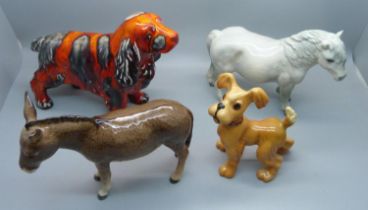 Three Beswick figures including a donkey and an Anita Harris dog, signed S Johnson