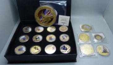 A set of Victory 1945 anniversary commemorative coins, gold plated, Horatio Nelson coin, £5 bank