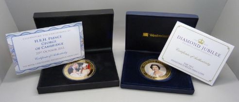 Two large commemorative coins; HRH Prince George of Cambridge 2013 and 2012 Diamond Jubilee